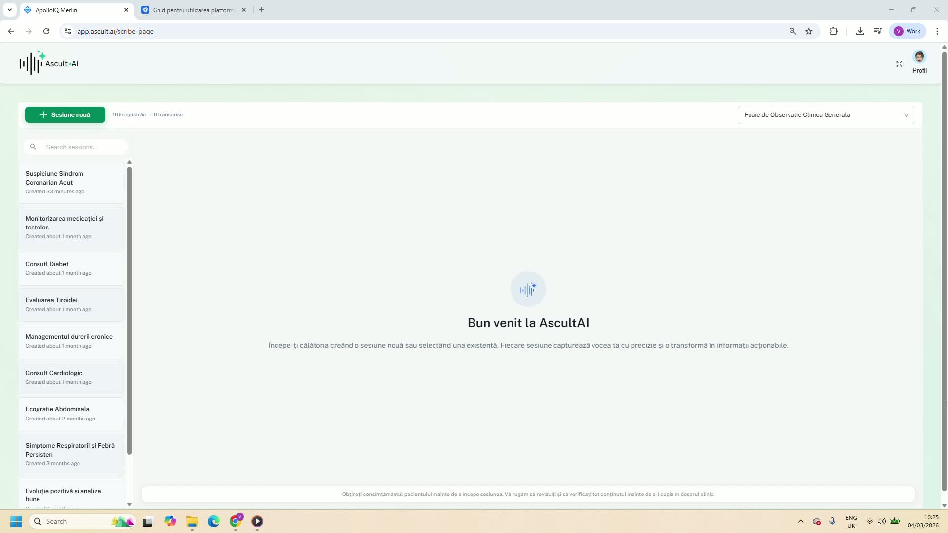 Inceperea unei sesiuni in AscultAI
