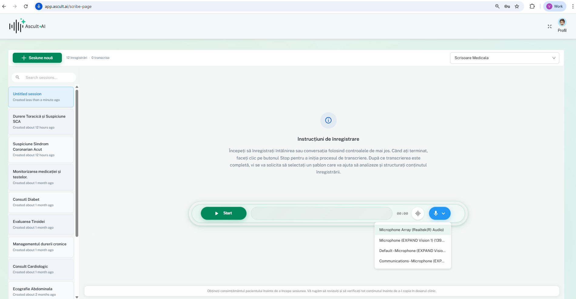 Selectarea microfonului in AscultAI